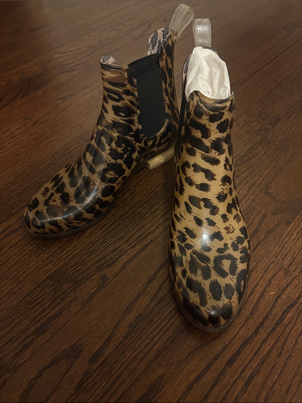 J. Crew Leopard-Print Chelsea Rain Booties in Tan and Black
